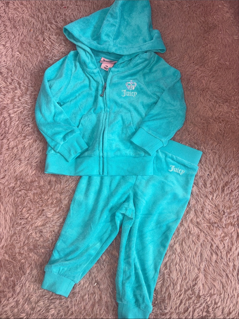 Juicy Couture Teal Velour Hoodie & Joggers Set baby